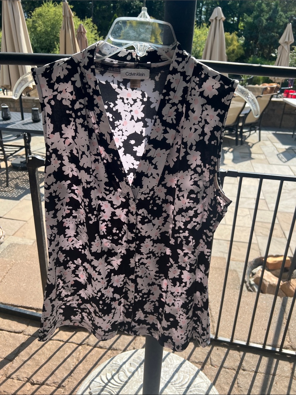 Calvin Klein Black Sleeveless V-Neck Top with Light Pink Floral Print